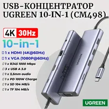 USB-Концентратор UGREEN 10-in1 (CM498), 4K HDMI, VGA, RJ45, USB 3.0, 3.5mm, PD 100W Hub