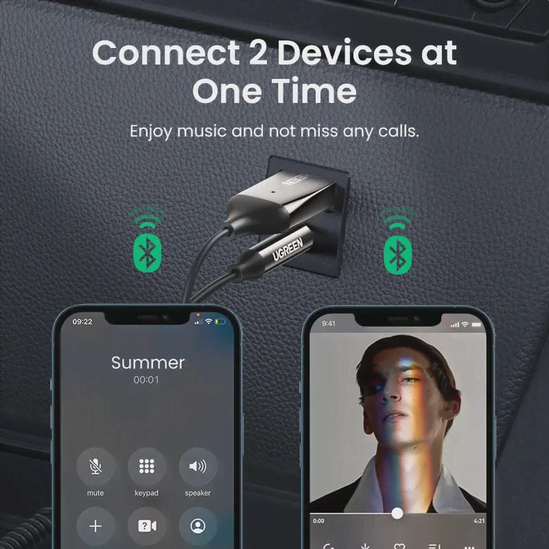 Адаптер громкой связи UGREEN Bluetooth 5,3 беспроводной Bluetooth 3,5 мм AUX музыкальная навигация потоковый микрофон для звонков в автомобиле-2